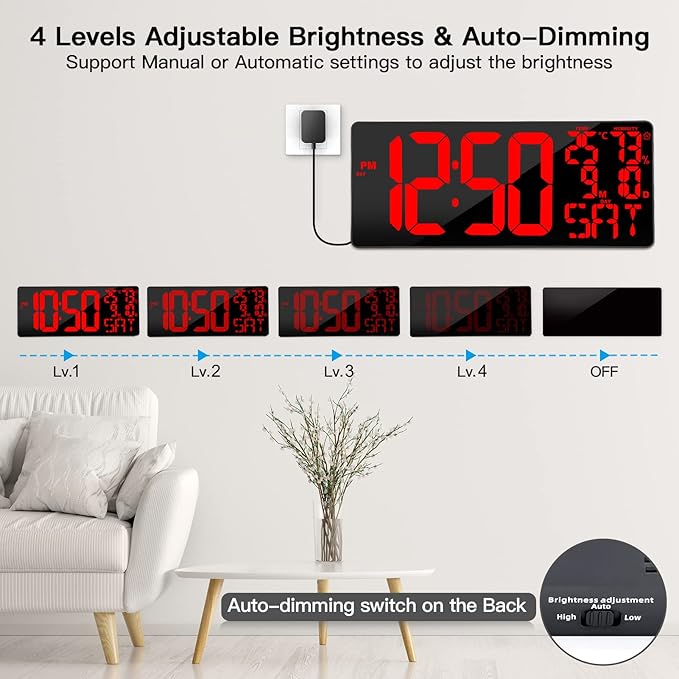 [Oversized] 18" Large Digital Wall Clock with Remote Control, Auto-Dimming Digital Clock Display with Date/Temp/Week, DST, Alarm, 5.9”Jumbo Numbers Large Digital Clock for All Spaces Use