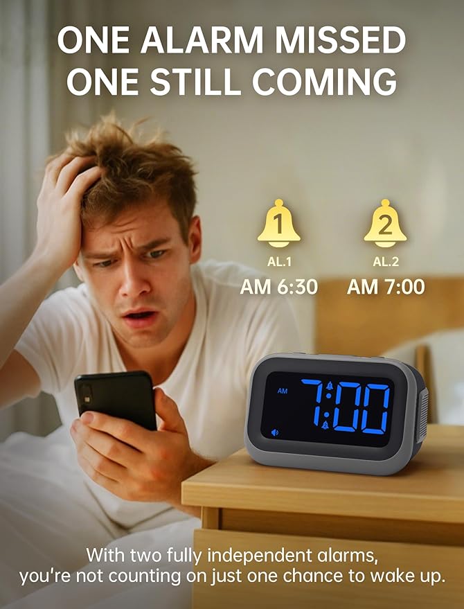 Acedeck Super Loud Alarm Clock: 115dB Dual Alarms and 6 Alarm Sounds for Heavy Sleepers - Adult Shift Workers in Bedroom or Daily Wake-Up Use - Blue Digits