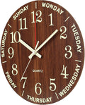 Wall Clock 12 Inch Brown Weekly Wall Clock Silent Battery Operated Luminous Hands Retirement Elderly Wooden Glow in The Dark Clock