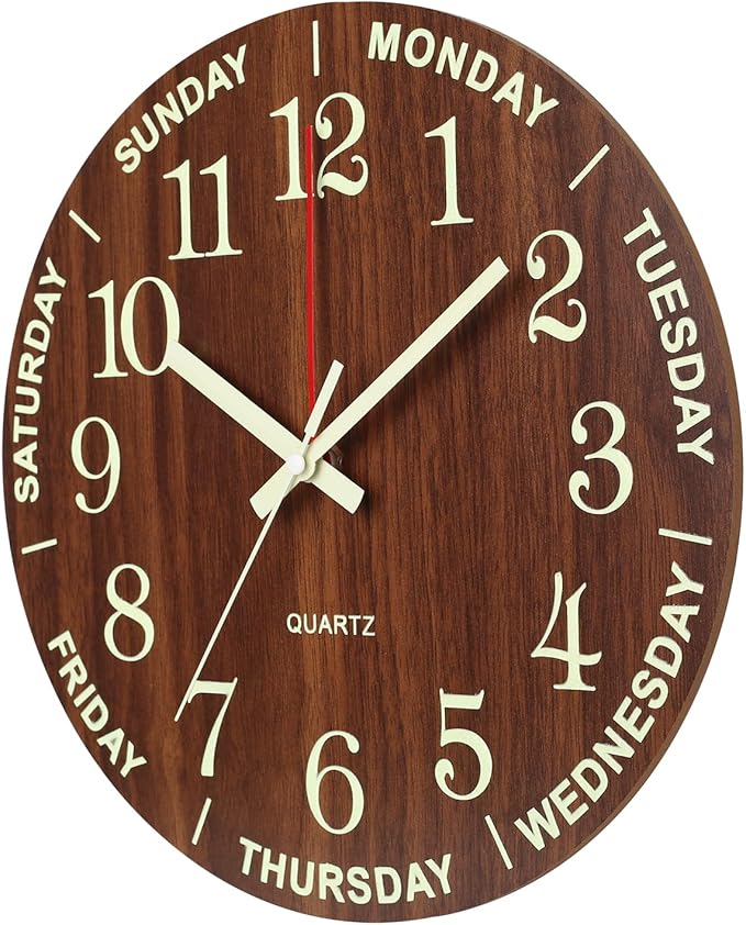 Wall Clock 12 Inch Brown Weekly Wall Clock Silent Battery Operated Luminous Hands Retirement Elderly Wooden Glow in The Dark Clock