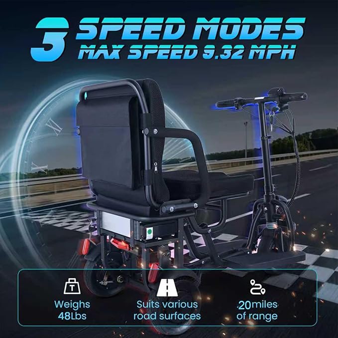 3-Wheel Folding Mobility Scooters-300 lbs Capacity, 9.3mph 20Miles Long Range Lightweight Electric Scooter for Adults & Seniors, Airline Approved Scooters, Basket, Cup Holde, Dust Cover