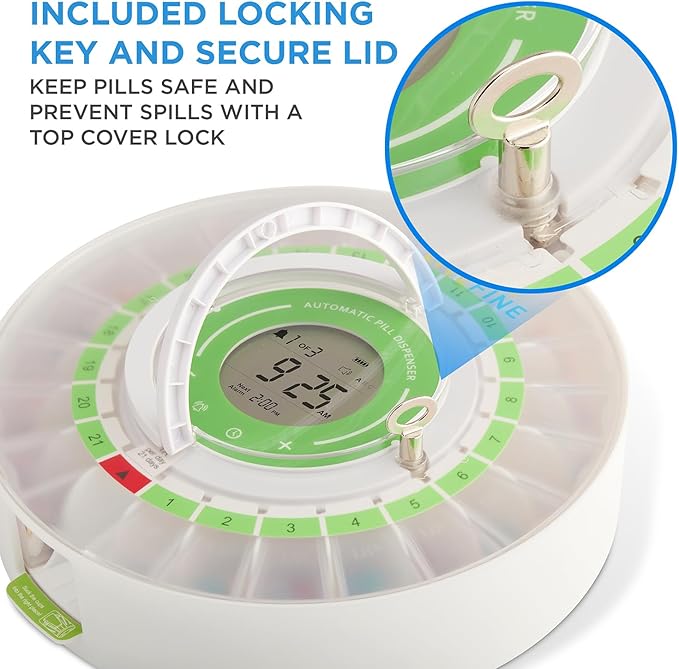 LiveFine Automatic Pill Dispenser 21 Compartments LCD Display Key Lock for Seniors