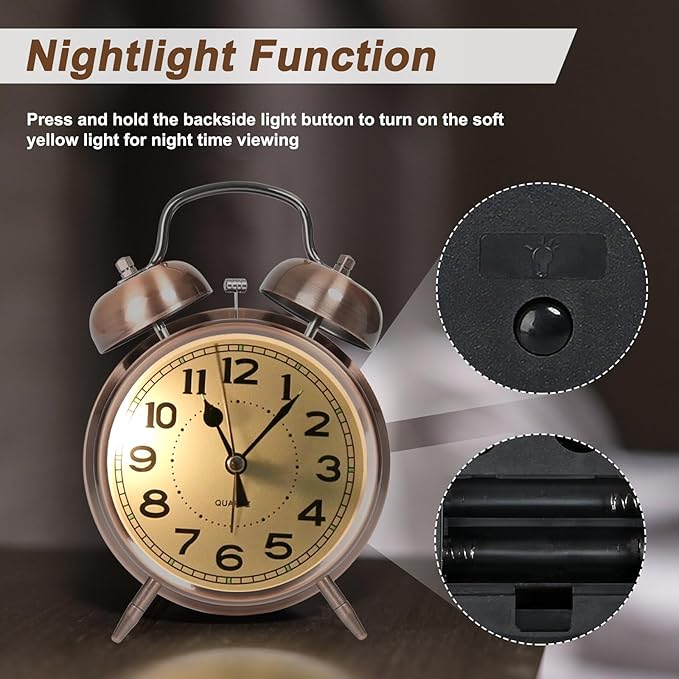 AYRELY® Super Loud Alarm Clock for Heavy Sleepers Adults,Twin Bell Retro 4 Inch Silent Non-Ticking Quartz with Backlight, Alarm Clocks for Bedrooms,Bedside,Study Room (Copper)