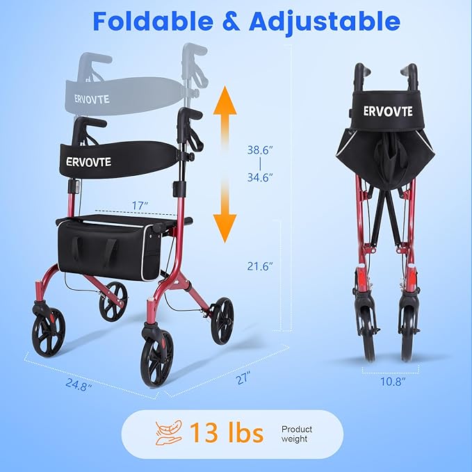 Lightweight Folding Walker with Seat for Seniors, Rollator Walker with Dual Brakes for Safety, 8" Big Wheels for All Terrain, Adjustable Height and 300 lbs Capacity