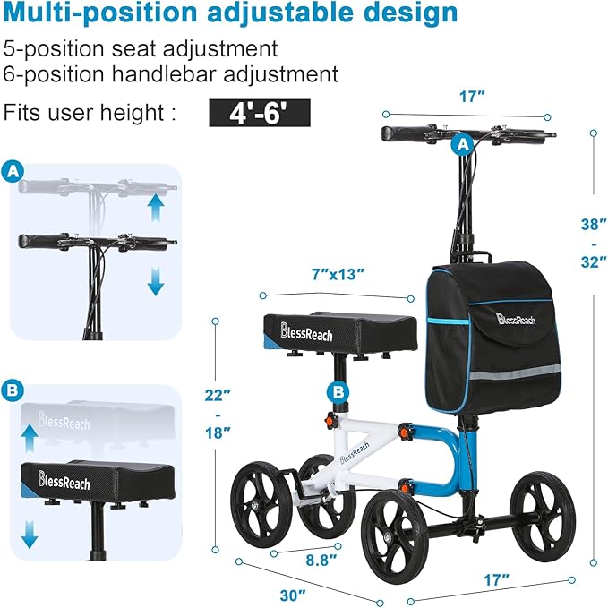 Knee Scooter，Knee Scooter for Adults for Foot Surgery，Knee Walker for Foot Injuries Compact Crutch Alternative with Dual Braking System (Blue)