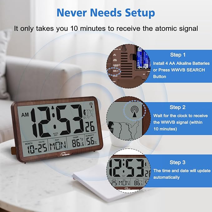 WallarGe Atomic Wall Clock with Backlight, Digital Wall Clock Battery Operated for Classroom, Bedroom, Office, Large Display with Indoor Temperature, Humidity, Date, AUTO DST, 6 Time Zones