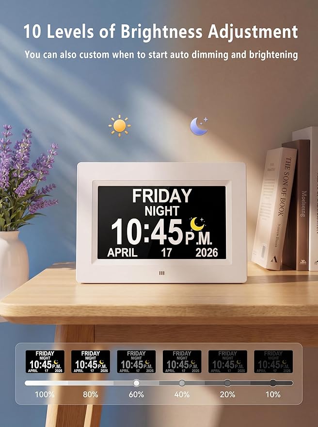 27 Alarms Digital Clock with Voice-Talking Time, Auto DST, 20 Custom Reminders, 10-Level Night Dimmer, Sleep Trainer, Day Date Week Calendar Clock for Seniors Dementia Alzheimers- 7 Inch with Remote