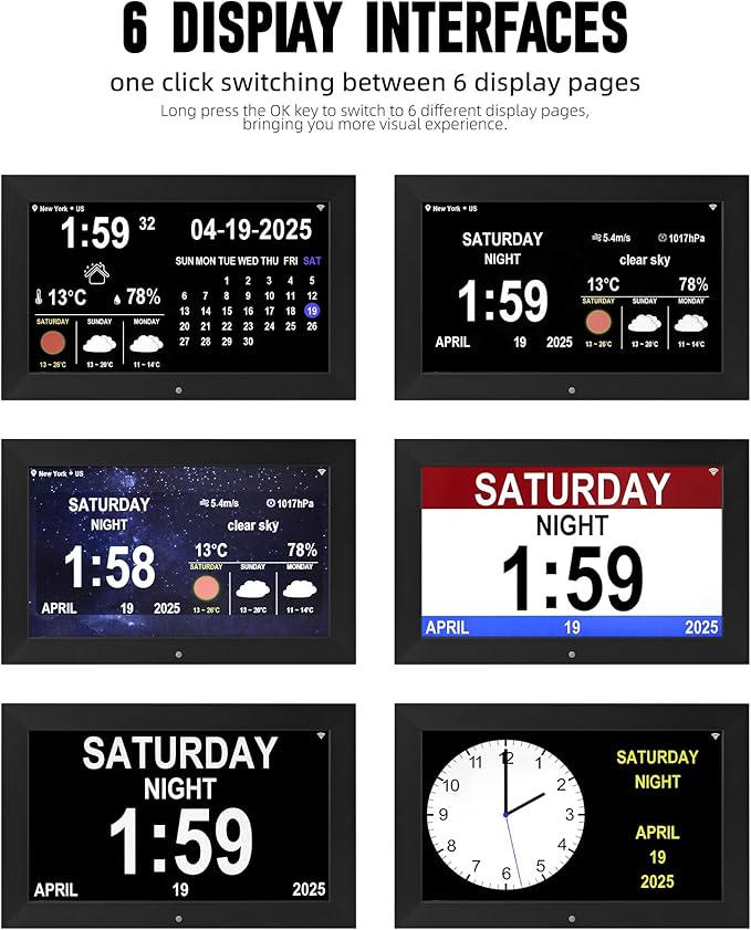 Digital Alarm Clock, Multiple Alarm Functions, Clock with Date and Day, Digital Alarm and Electronic Calendar for Seniors (White, 7 inch) (10-inch Black WiFi)