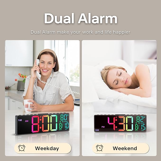 JALL 10.5'' Large Digital Alarm Clock with 8 RGB Colors, Date, Month, Temperature LED, Auto DST, Digital Clock Large Display for Classroom, Office, Bedroom, Back-to-School Gift for Students, Teachers