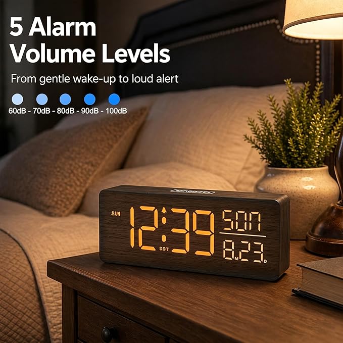Peakeep Wooden Digital Alarm Clock Large Display, Textured Desk Table Decoration for Bedroom, Living Room, Plug in Clock with Time Date Day, 5 Brightness, Auto DST
