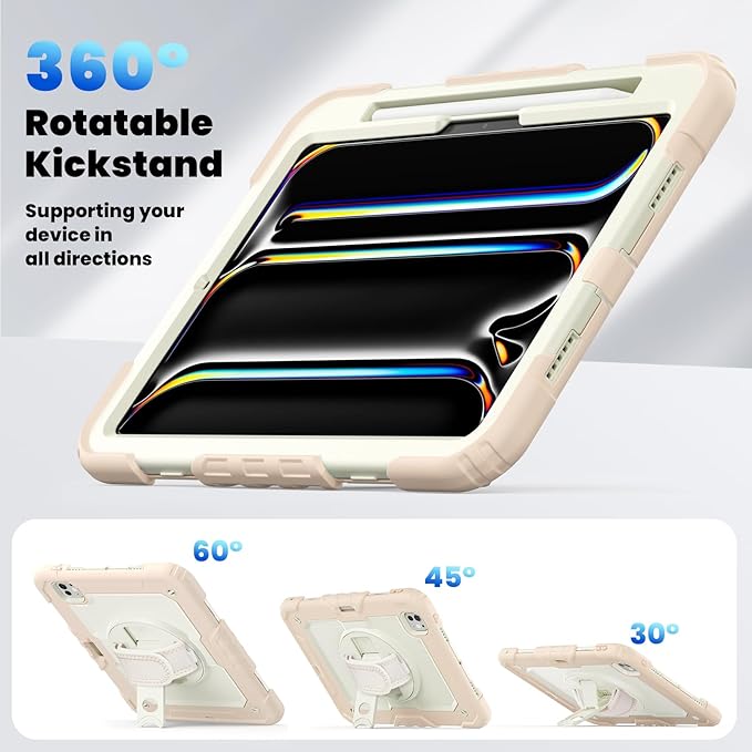 Dteck for iPad Pro 11 inch (M4/M5) 2024/2025 Release Shockproof Case with Screen Protector/Stylus Pencil Holder/Rotating Kickstand/Grip Hand Strap, Heavy Duty Protective Rugged Tablet Cover, Pink