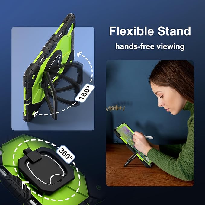 Dteck for iPad Pro 11 inch (M4/M5) 2024/2025 Release Shockproof Case with Shoulder Strap/Pencil Holder/Rotating Kickstand Handle, Heavy-Duty Sturdy Rugged Cover, Protective Tablet Shell, Black Green