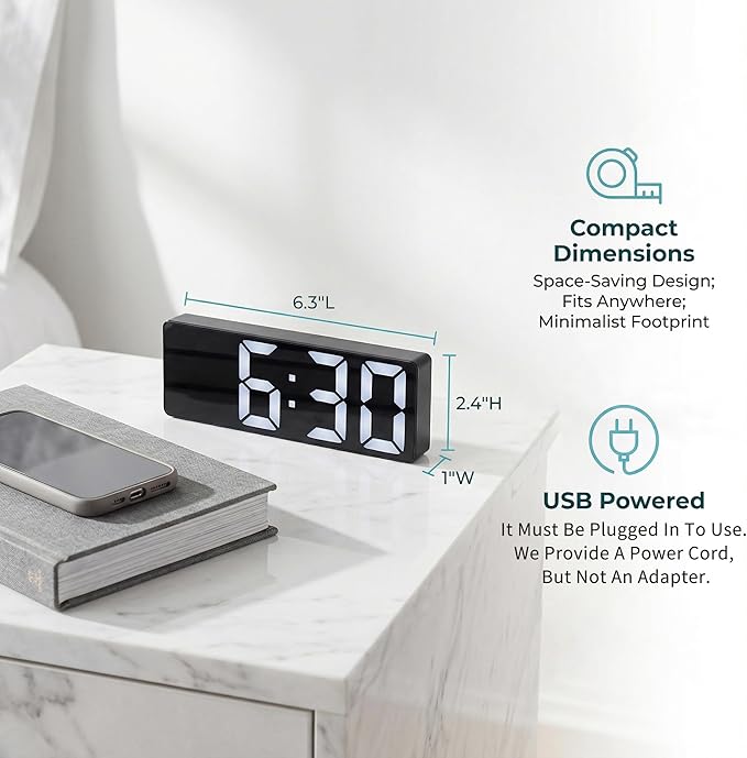 Large Digital Alarm Clock Big Numbers for Seniors & Visually Impaired, 3-Level Dimmable Brightness, Snooze, Used by Plugging for Bedroom, Office, Dorm 6.3" L x 1" W x 2.4" H White