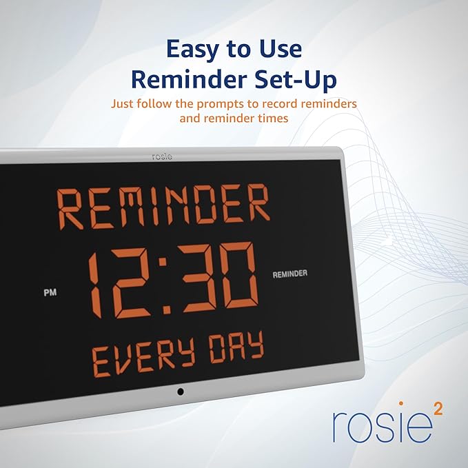 Simpl Rosie Reminder Large Display Talking Alarm Clock – 25 Personalized Voice Reminders, Dementia & Alzheimer’s Friendly, Voice Activated Clock for Seniors, Easy to Use, Audible up to 100ft (Rosie 2)