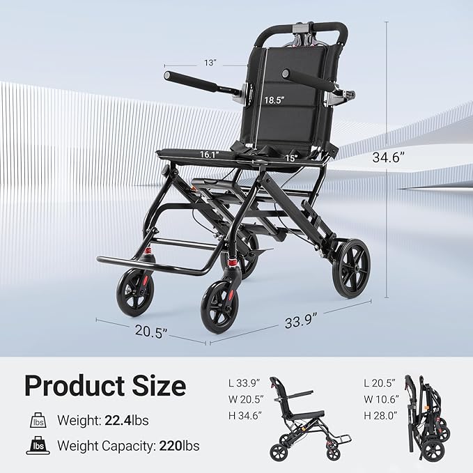 22lbs Ultra Lightweight Folding Transport Wheelchair for Adults & Seniors, Portable Travel Wheelchair with Telescopic Handle (Black)