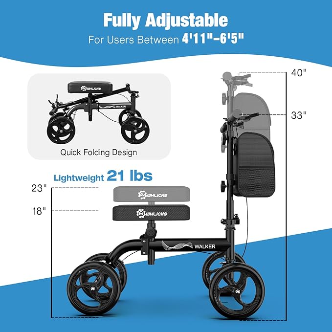 WHLICKS Premium Knee Scooter for Adults for Foot Surgery, Foldable & Steerable Knee Walker with Dual Brakes, Medical Knee Scooter for Broken Foot Injured, Lightweight Leg Scooter for Broken Ankle