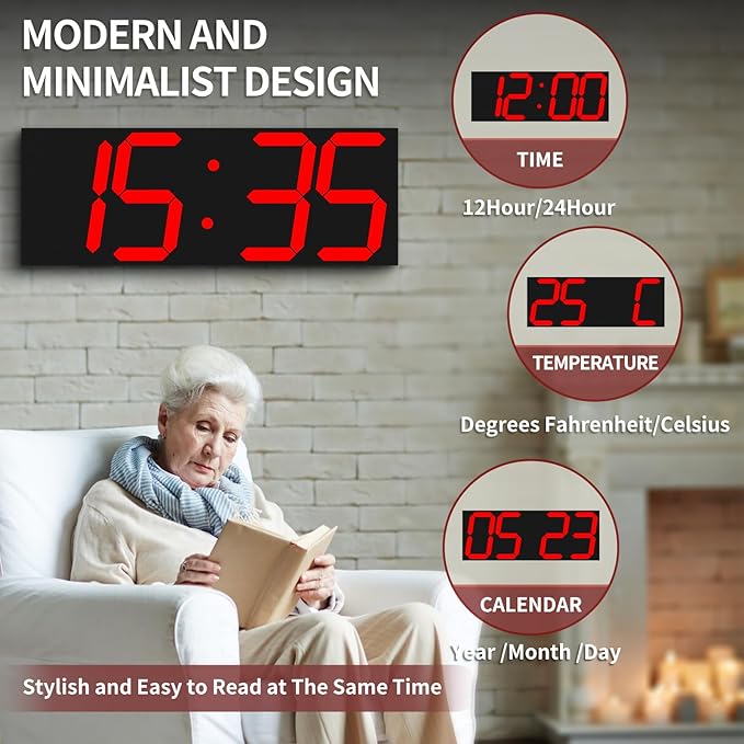 CHKOSDA 18.7‘’Large Digital Wall Clock,LED Digital Clock with Big Number,Multi-Function Remote Controlled Wall Clock with Timer, Alarm and Calendar Display(Red)