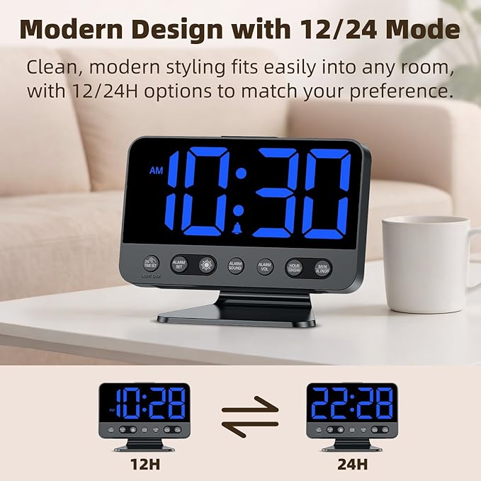 Digital Alarm Clock with Large Numbers for Bedrooms: Bold Display Readable Across The Room with 5 Level Brightness - 5 Alarm Sounds 8 Night Lights for Kids Seniors Teens - Blue