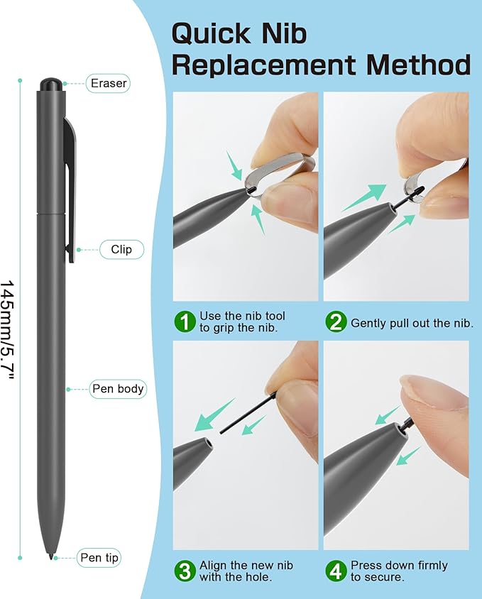 EMR Stylus Compatible with Remarkable 2, Replacement Digital Pen with Eraser, 4096 Pressure Levels, Palm Rejection, Tilt Support-5 Pen Tips（Gray）