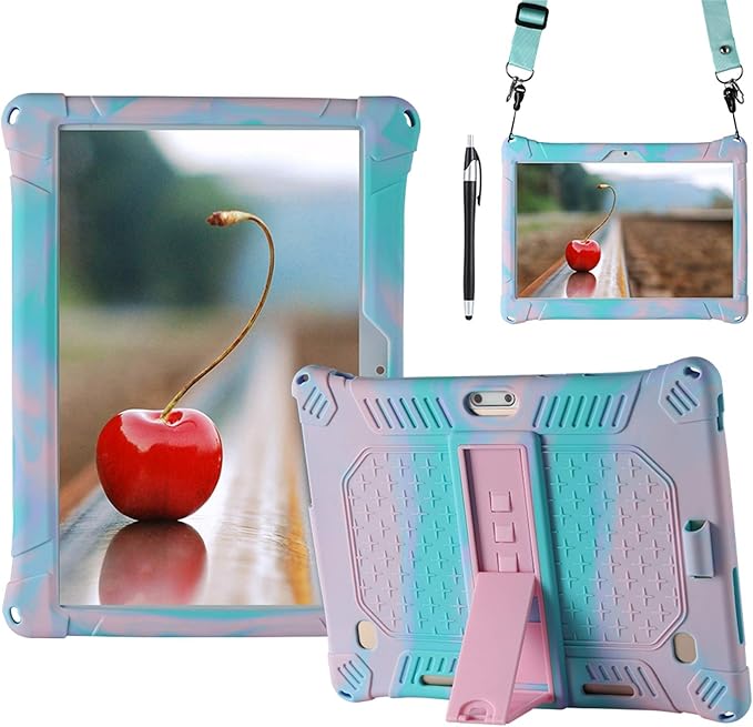 DETUOSI Case for YELLYOUTH 10.1 Tablet, Soft Silicone Lightweight Case Compatible with Dragon Touch Notepad K10, ZONKO 10.1, Beyond Tab 10.1, with Stylus Pen and Shoulder Strap, Pink & Mint Green