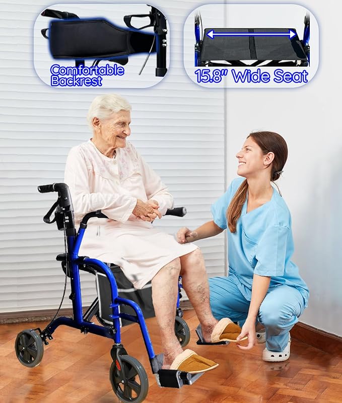 2 in 1 All Terrain Compact Travel Rolling Walker with Ergonomic Seat & Brakes - Lightweight Foldable Rollator for Seniors & Adults - Adjustable Height & Detachable Footrest Included (Blue)