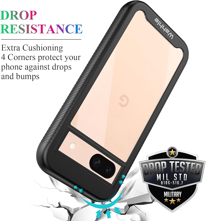 wahhle Compatible with Google Pixel 8A Case, Built in Screen Protector Full Body Shockproof Slim Fit Bumper Protective Phone Cover for Pixel 8A Men Women-Black/Clear