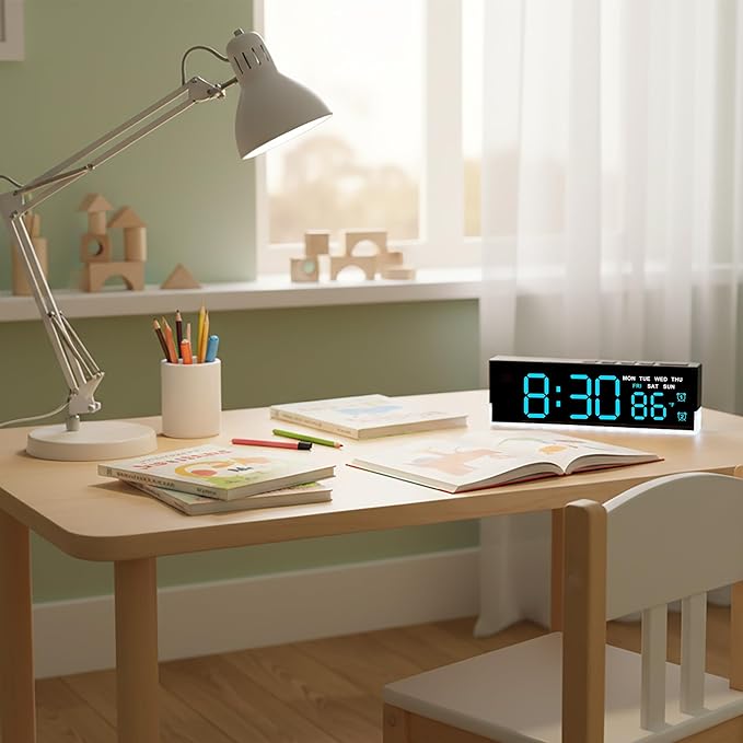 JENLYSTIME 7 Inch LED Digital Alarm Clock with Dual Alarms & Bottom Glow｜Displays Time, Date, Day, Temperature｜3-Level Auto/Manual Brightness, DST, USB or Battery Powered Modern Desk Clock (Blue)
