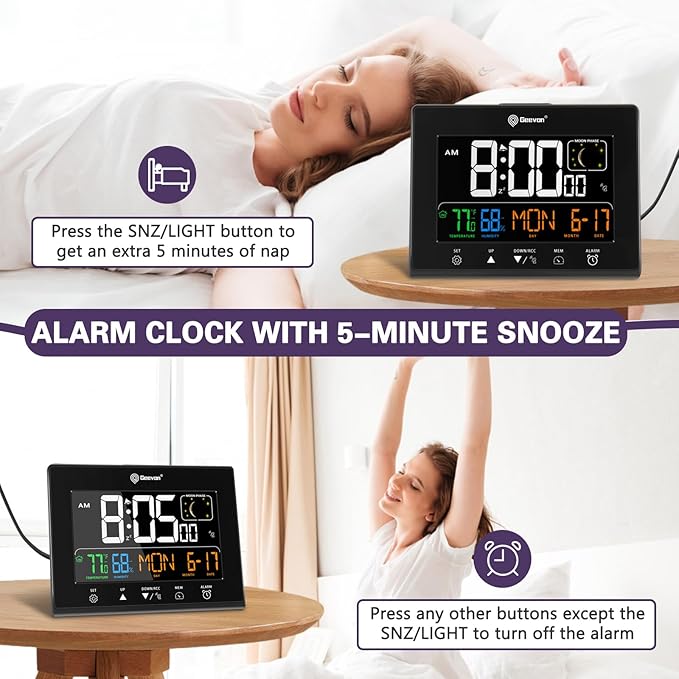 Geevon Digital Atomic Alarm Clocks for Bedrooms with 2 USB Ports, Color VA Display Atomic Clock with Indoor Temperature and Humidity, DST, Calendar, and Moon Phases for Seniors Elderly