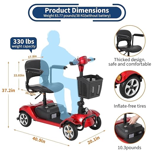 Foldable 4-Wheel Mobility Scooter for Adults & Seniors, 330LBS Heavy Duty, 20-Mile Range Electric Mobility Scooter, 3.7 MPH Lightweight Folding Mobility Scooter for Indoor Outdoor Travel