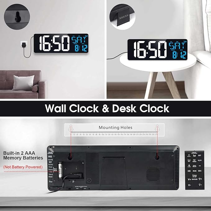 17 Inch Digital Wall Clock Large Display Bluetooth Sync Time, Auto-Dimming Digital Wall Clock with Remote, Date/Week/Temperature/DST, Plug-in Digital Clock for All Large Spaces Use, Gift