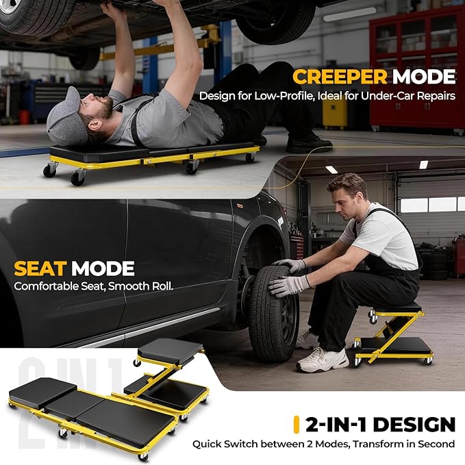 Auto Dynasty 36" Z-Creeper Seat, 2-in-1 Foldable Garage Creeper Shop Seat, 330 LBS Capacity Automotive Mechanic Repair Under Car Rolling Creeper Seat, Yellow
