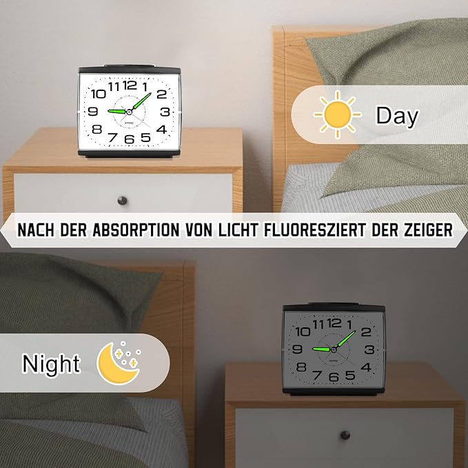 DTKID Large Alarm Clock for Bedside, Silent Non-Ticking Analog Clock with Night Light, Battery Powered, Gradually Increasing Alarm for Heavy Sleepers, Seniors