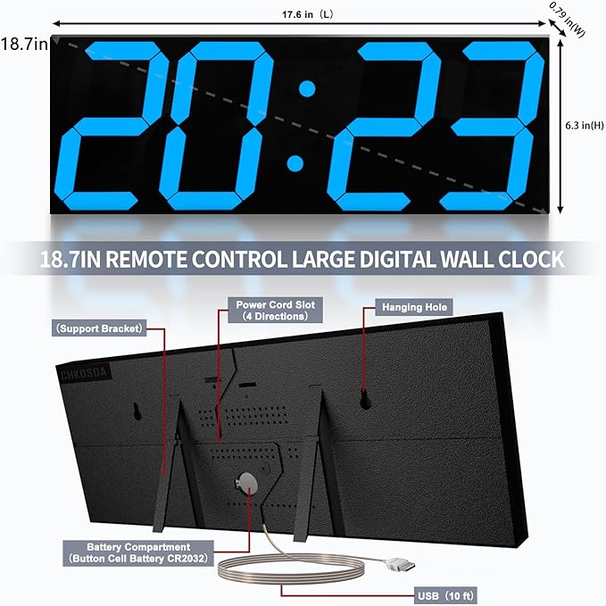 CHKOSDA 18.7in Large Digital Wall Clock,LED Digital Clock with Big Number,Multi-Function Remote Controlled Wall Clock with Timer, Alarm and Calendar Display(Blue)