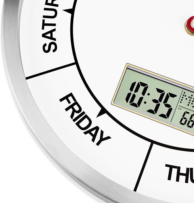 Foxtop Day of The Week Clock for Seniors, Digital Wall Clock with Time, Battery Operated Round 12 Inch Silver Wall Clock for Classroom Office Bedroom Home, Ideal Retirement Gift for Men & Women
