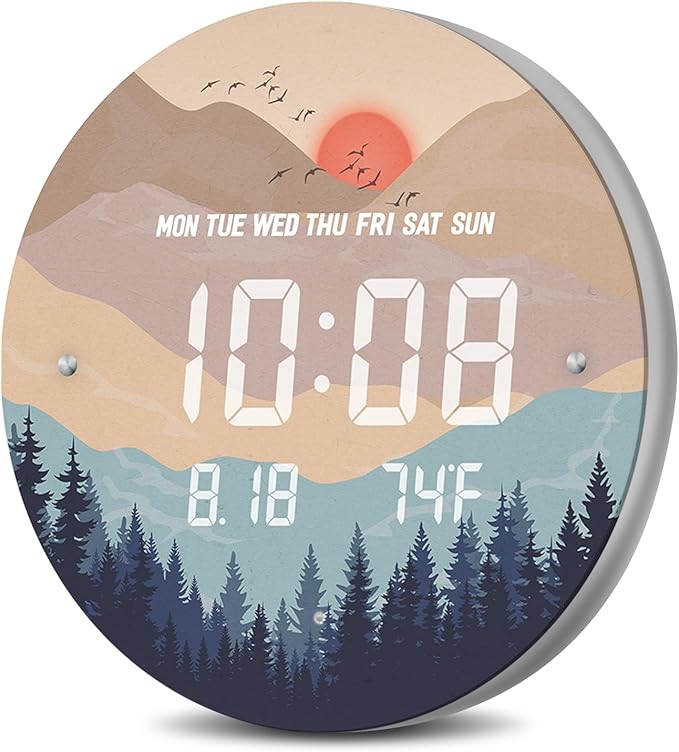 12'' Smart LED Wall Clock, Sunset Wilderness Art, Radar & Voice Activated, Auto Dimming, Large Display with Temp Date Day, 12/24H, Rechargeable for Living Room Bedroom Office Decor