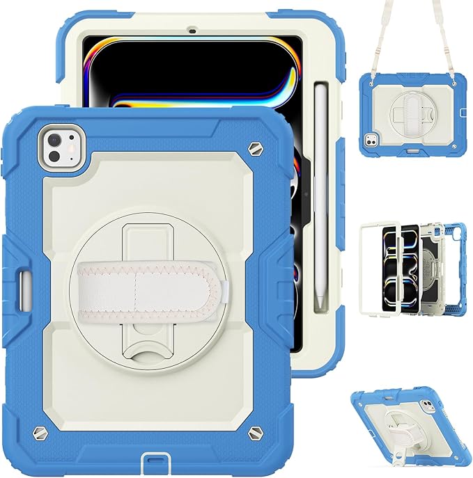 Dteck for iPad Pro 11 inch (M4/M5) 2024/2025 Release Shockproof Case with Screen Protector/Stylus Pencil Holder/Rotating Kickstand/Grip Hand Strap, Heavy Duty Protective Rugged Tablet Cover, Blue