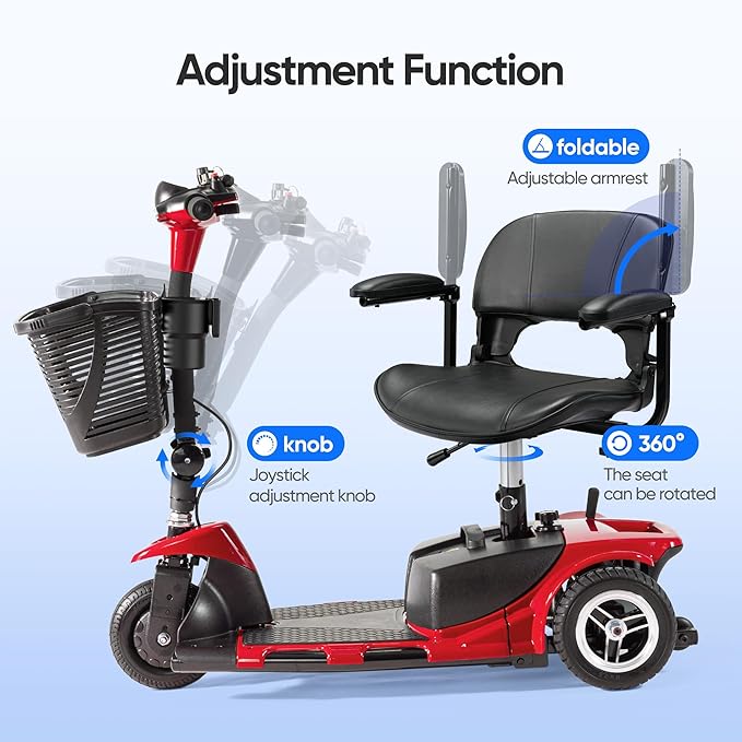 3 Wheel Mobility Scooters for Adults，Collapsible Electric Powered Wheelchair，Portable Compact Motorized Scooter for Travel，Long Range Power，Battery with Charger，Basket and Cup Holder