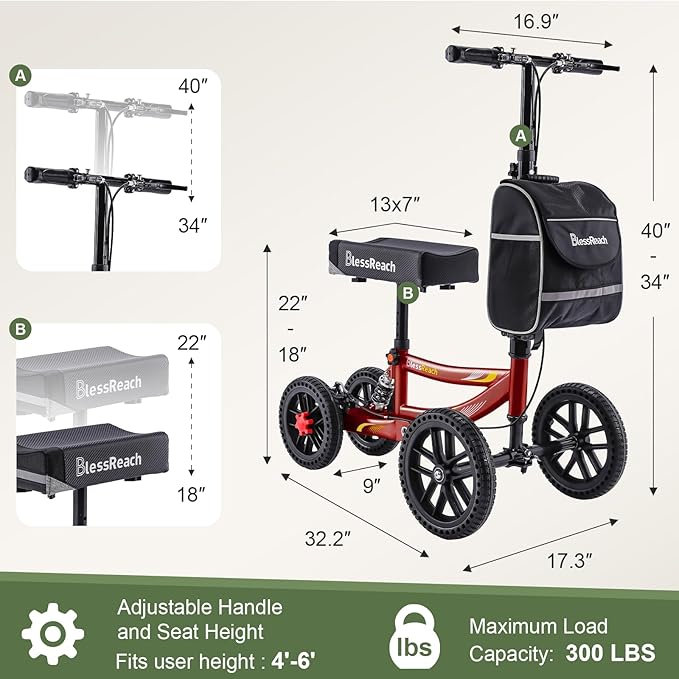 Knee Scooter, 350lbs Capacity, 13" Big PU Seat, Disc Brake Knee Walker, All Terrain Foldable Knee Scooter Walker with Bag for Foot Injuries Compact Crutches Alternative (Burgundy)