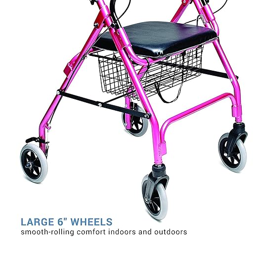 Lumex Walkabout Lite Rollator – Lightweight 14.5 lb. Rolling Walker with Seat for Seniors, Pink
