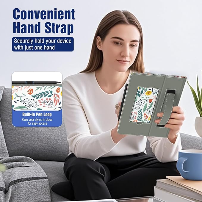 TiMOVO Universal Case for 10.1 Inch Android Tablet with Pen Loop, Lightweight Folding Stand Cover with Hand Strap for All 9.6"-11" Touchscreen Tablet, Flowers
