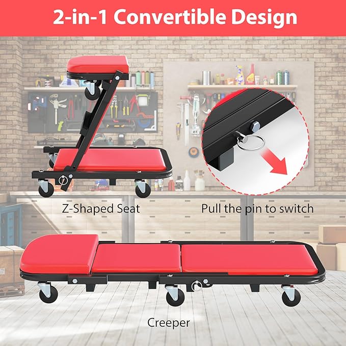Goplus 2-in-1 Z Creeper, 40 Inch 350LBS Foldable Mechanic Creeper with 6 Swivel Wheels, Padded Headrest and Seat, Lay Down or Sit, Rolling Automotive Under Car Creepers for Garage, Shop, Auto Repair