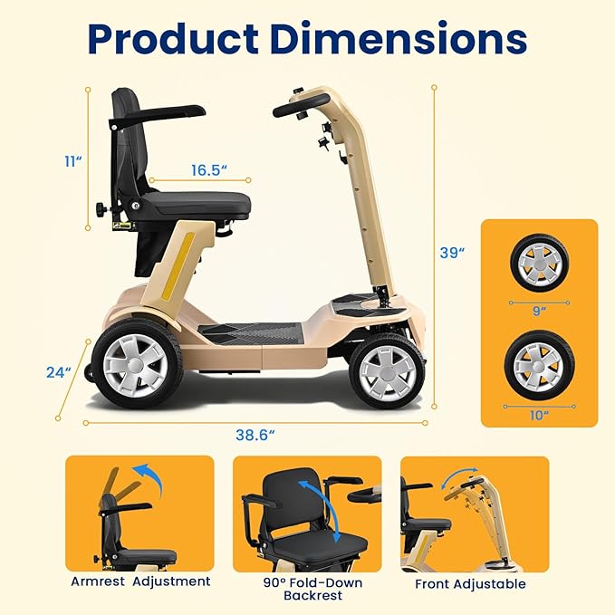 4 Wheels Foldable Mobility Scooter for Adults & Senior,15Miles Compact Heavy Duty Mobility Scooter, 300W Brushed Motor All Terrain, 265 lb Capacity Mobility Scooter, Adjustable Speed (Yellow)