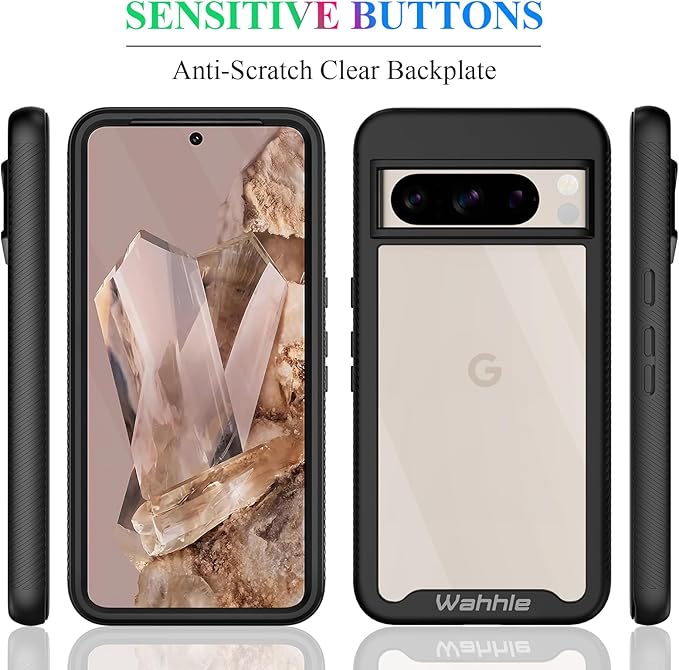 wahhle Compatible with Google Pixel 8 Pro Case, Built in Screen Protector Full Body Shockproof Slim Fit Bumper Protective Phone Cover Men Women-Black/Clear