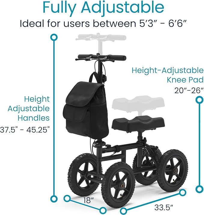 Vive Mobility All Terrain Knee Scooter Walker for Foot Injuries - Adult Broken Leg Crutch Cart Roller for Surgery, Broken Foot, Ankle Injury - Kneeling Rolling Steerable Seated Wheel Scooter Aid