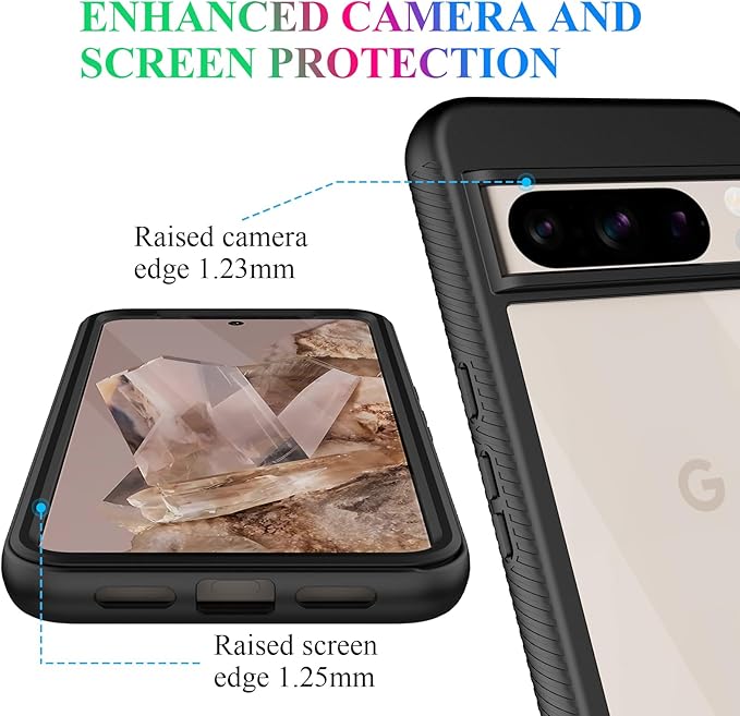 wahhle Compatible with Google Pixel 8 Pro Case, Built in Screen Protector Full Body Shockproof Slim Fit Bumper Protective Phone Cover Men Women-Black/Clear