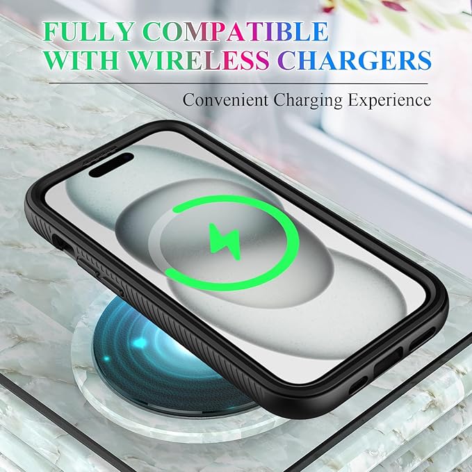 wahhle Compatible with iPhone 15 Case, Magnetic Wireless Charging Built in Screen Protector Full Body Shockproof Slim Fit Bumper Protective Phone Cover 6.1'' Men Women-Black/Clear