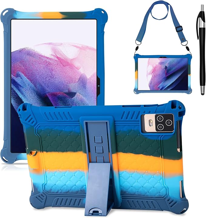DETUOSI Silicone Case for Okaysea 10.1 inch Tablet with Stylus Pen & Shoulder Strap, Multi-Angle Stand Case, Soft Lightweight Cover for QunyiCO 10.1, Moderness MB1001 10.1, Dazzling Dark Blue