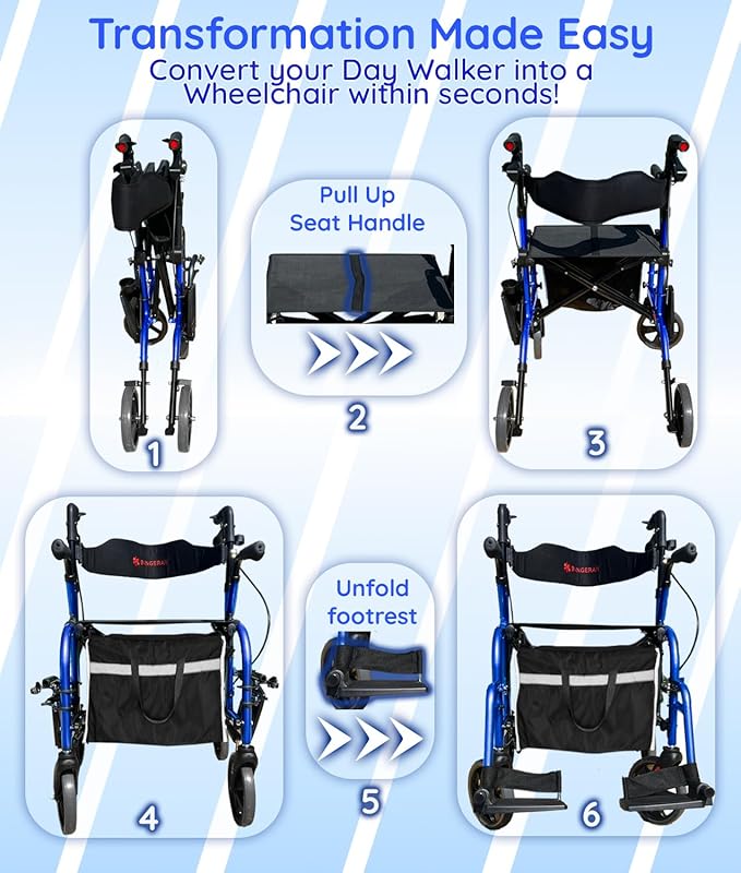 2 in 1 All Terrain Compact Travel Rolling Walker with Ergonomic Seat & Brakes - Lightweight Foldable Rollator for Seniors & Adults - Adjustable Height & Detachable Footrest Included (Blue)