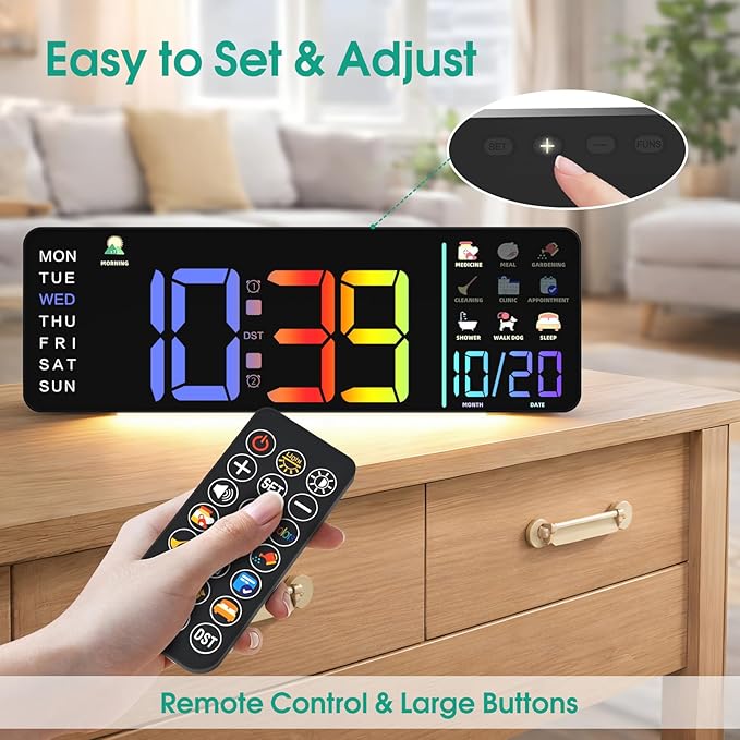 Hoifen Clock with Day and Date for Seniors, 16" Large Display Digital Calendar Dementia Wall Clock for Memory Loss with Time Periods & Task Reminders, Remote Control, Night Light, Auto Dim & DST (RGB)