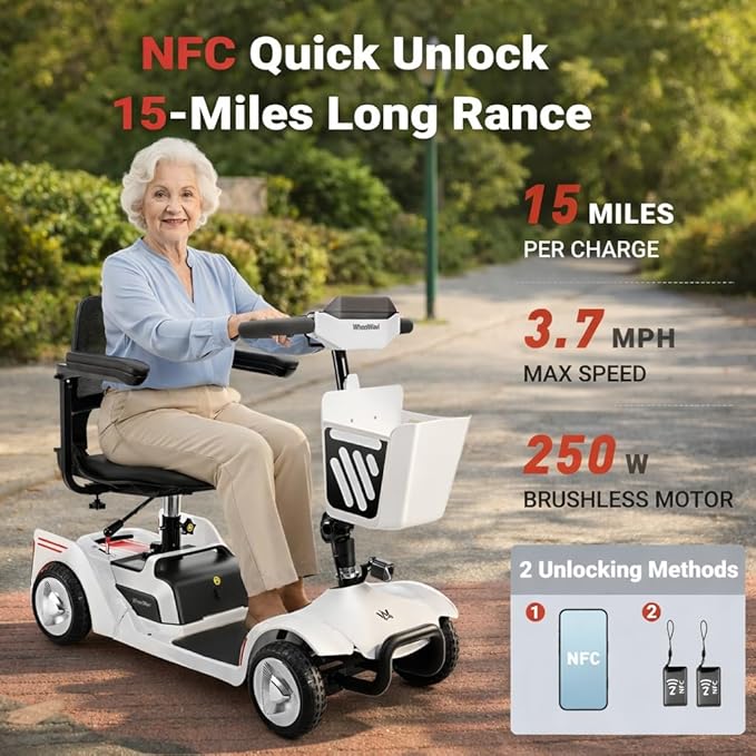 Foldable Mobility Scooter for Seniors & Adults - 4 Wheel Travel Scooter with NFC Smart Unlock, 15 Mile Range, 300 lbs Capacity, Compact Heavy Duty Mobile with Removable Battery & Basket, White